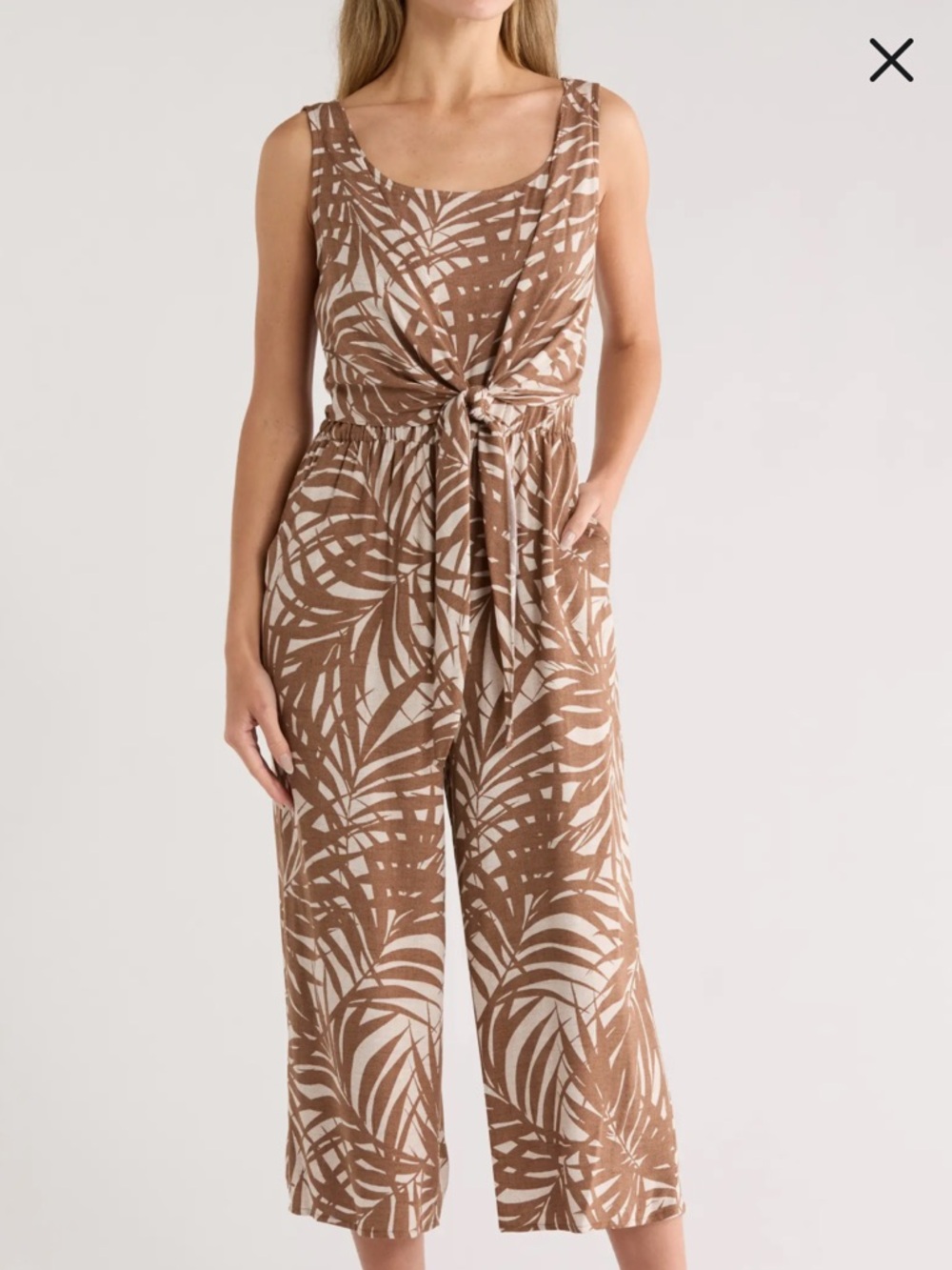 Connected Apparel Tan Palm-Print Tie-Front Jumpsuit